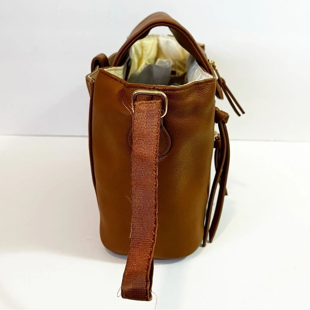 Brown Faux Vegan Leather Stroller Organizer Caddy Insulated Drink Holder Durable